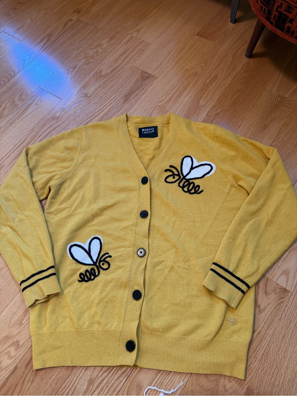 Marcus Lupfer Yellow Bee Embroidered V-Neck Cardigan Sweater 100% wool